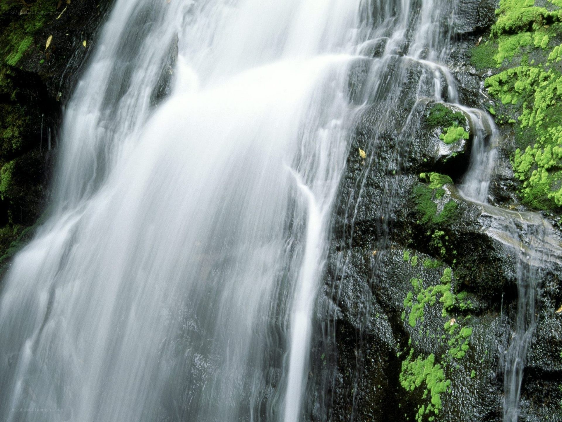 Waterfall cascading over mossy rocks