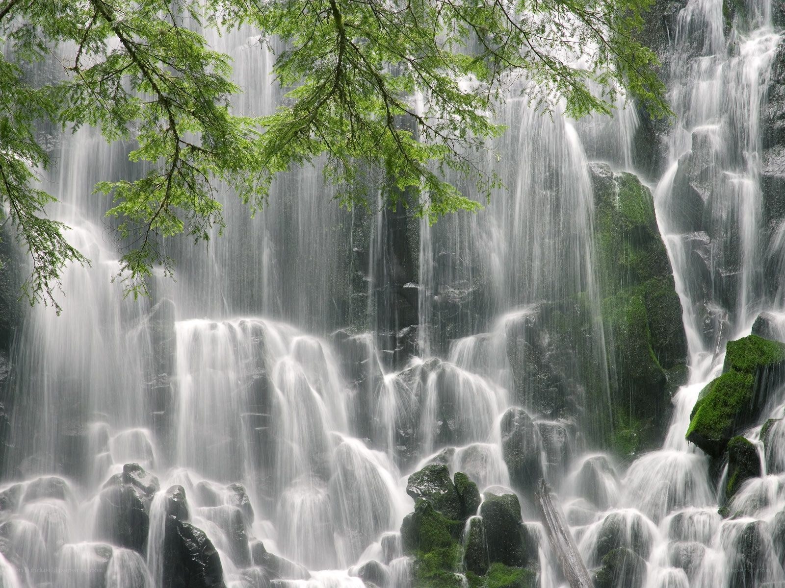 Waterfall cascading over mossy rocks