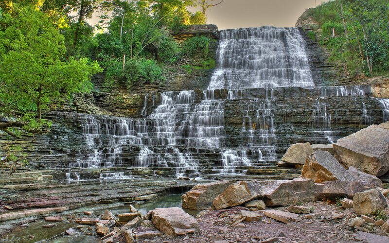 Waterfall cascading over rock formations