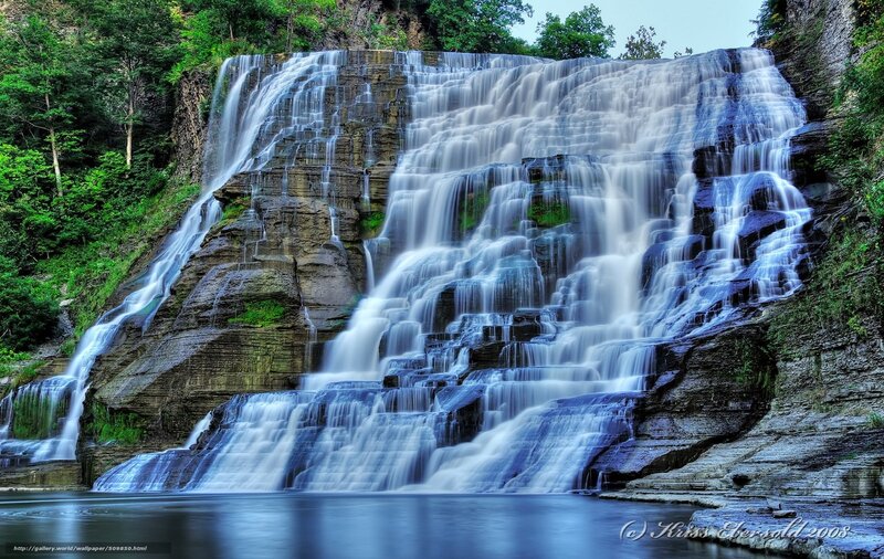 Waterfall Cascading over Rocks — Blue, Serene, Afternoon