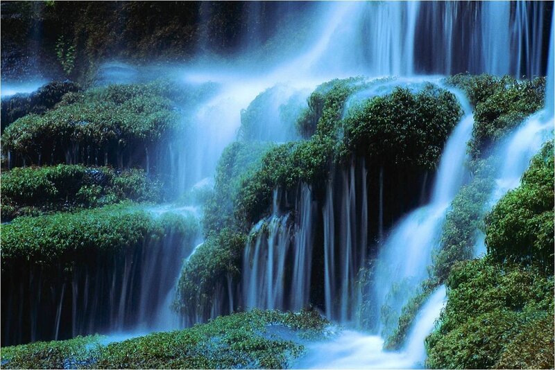 Waterfall Cascading over Rocks — Blue, Serene, Photograph