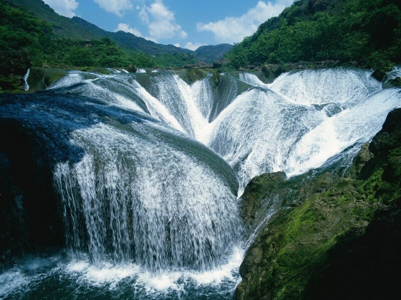Waterfall Cascading over Rocks — Green, Serene, Afternoon, Photograph, Mountains, Trees