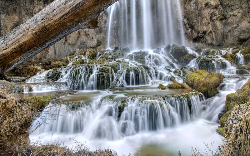 Waterfall Cascading over Rocks — Green, Serene, Photograph, Moss