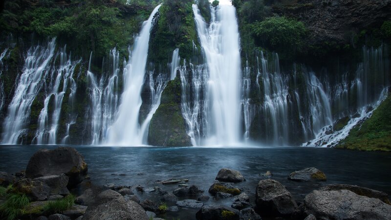 Waterfall Cascading over Rocks — Green, Serene, Photograph, Pool