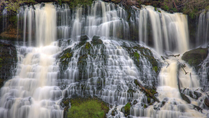 Waterfall Cascading over Rocks — Green, Serene, Photograph