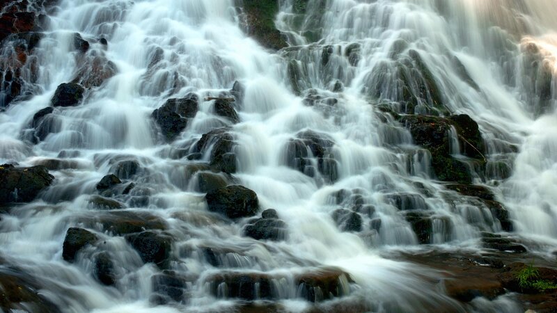 Waterfall Cascading over Rocks — White, Dynamic, Photograph, Moss