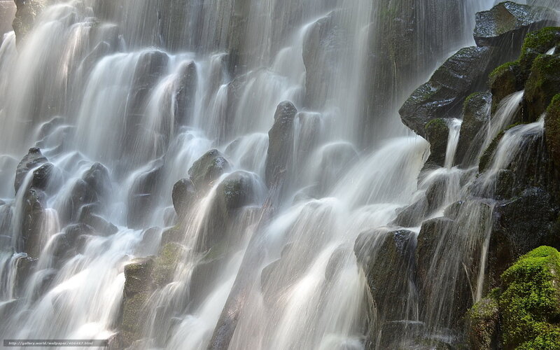 Waterfall Cascading over Rocks — White, Serene, Photograph, Moss
