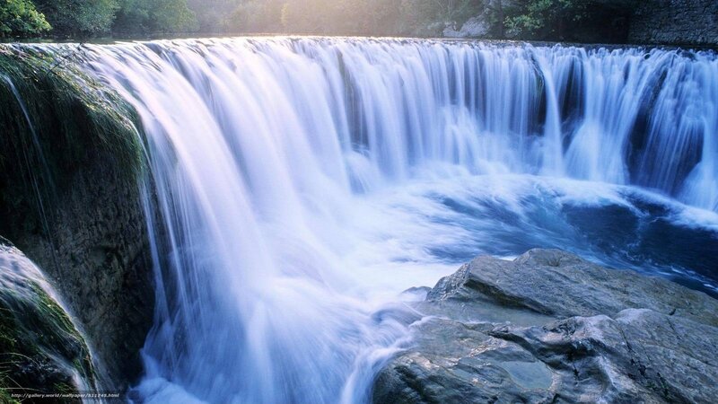 Waterfall Flowing over Rocks — Blue, Serene