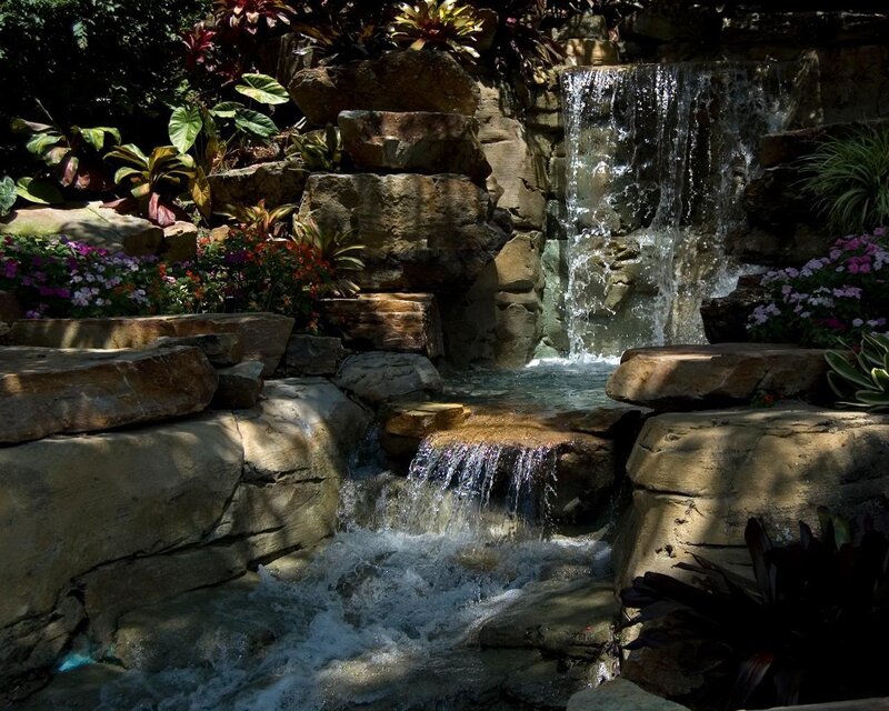 Waterfall garden with flowers