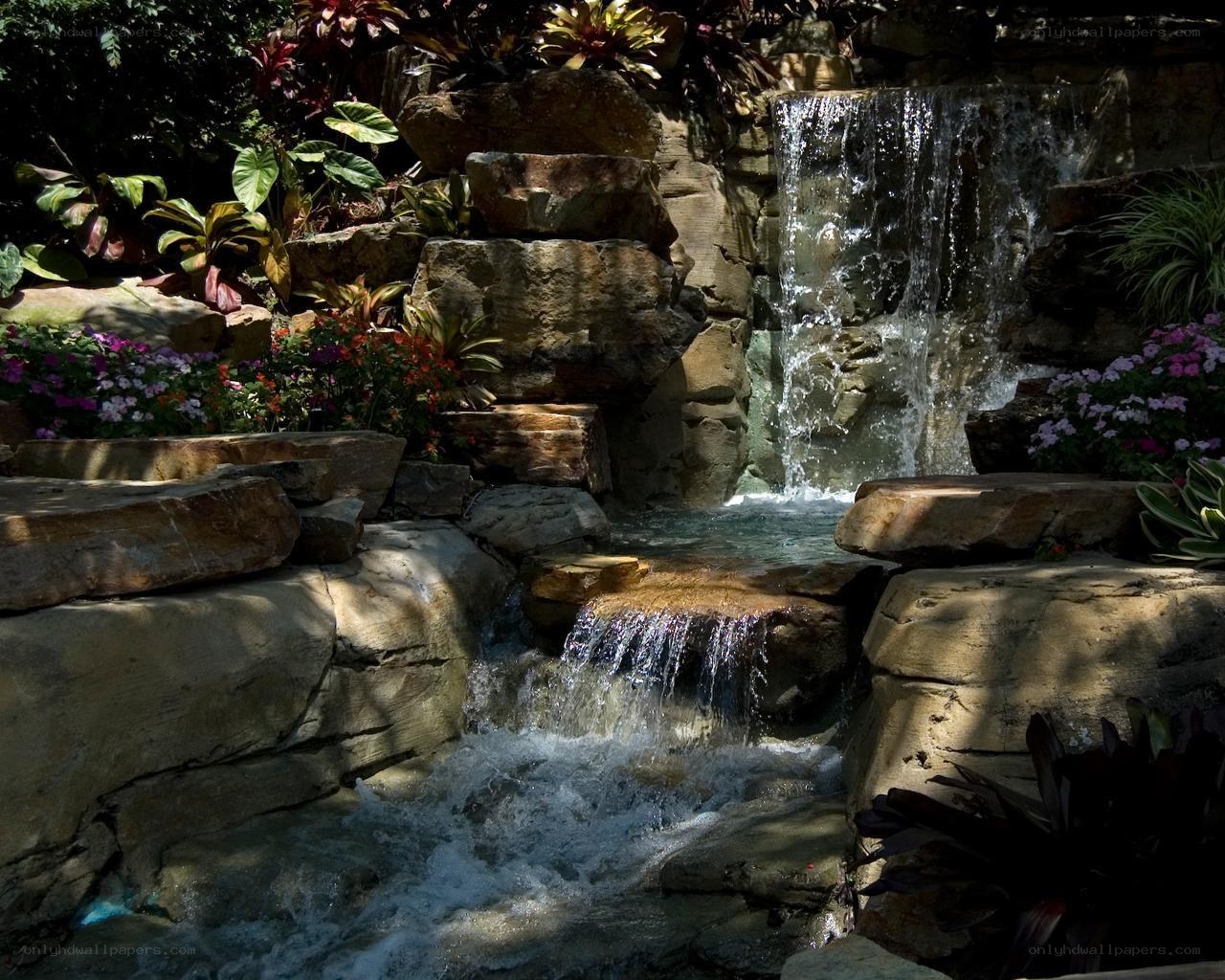 Waterfall garden with flowers