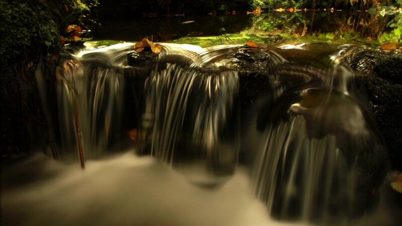 Waterfall in a forest at night
