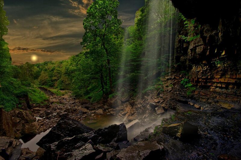 Waterfall in a forest canyon