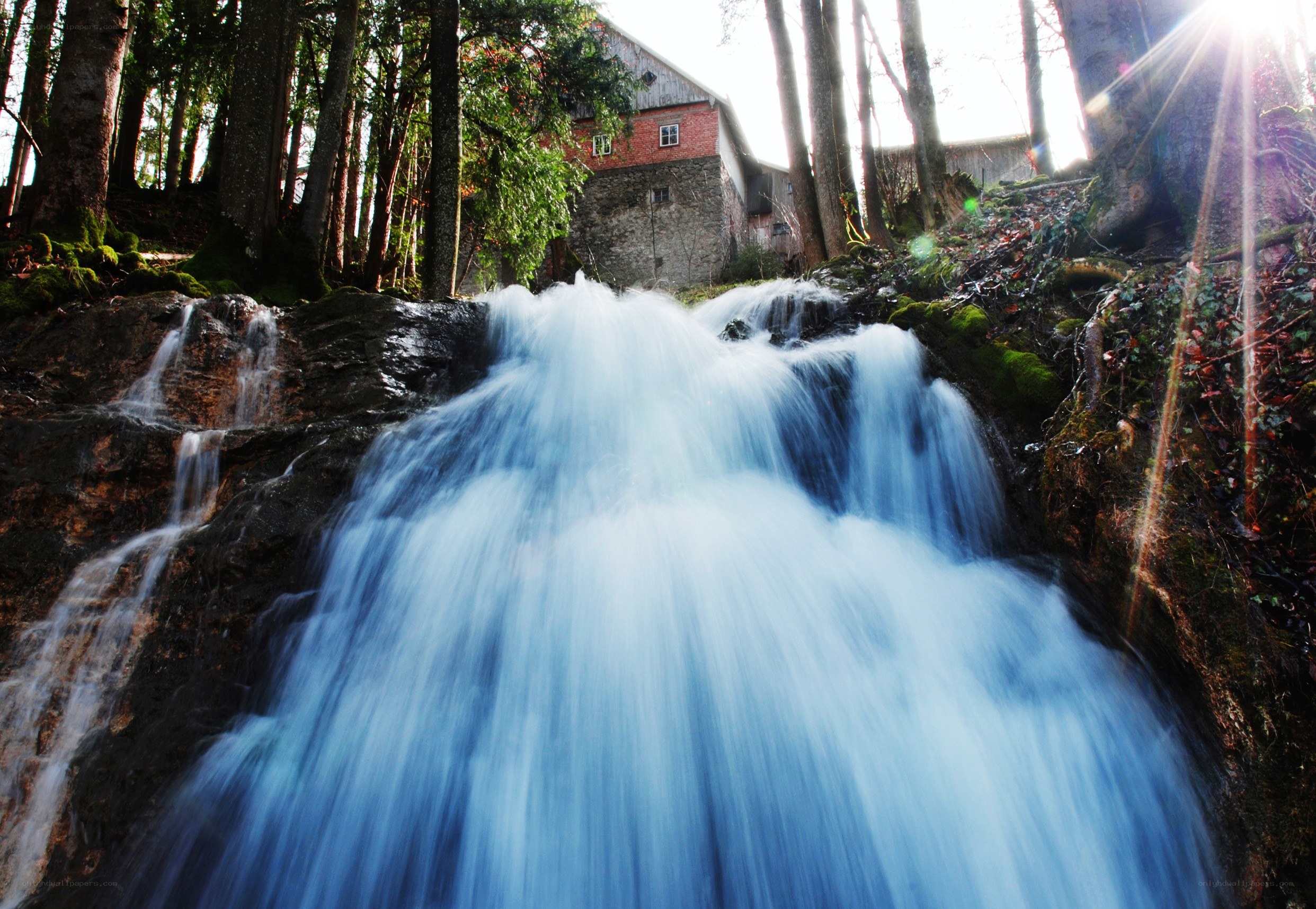 Waterfall in a forest with house