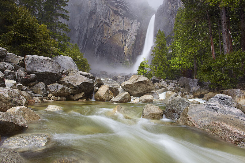 Waterfall in a forested canyon