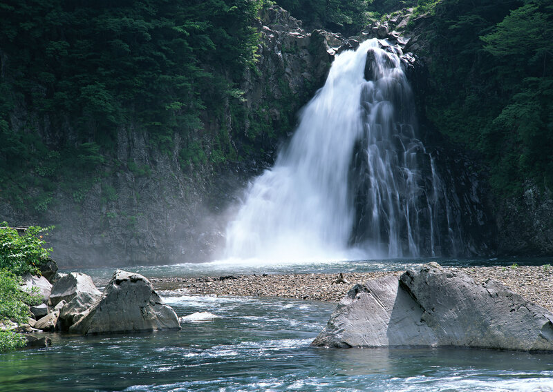 Waterfall in a forested canyon