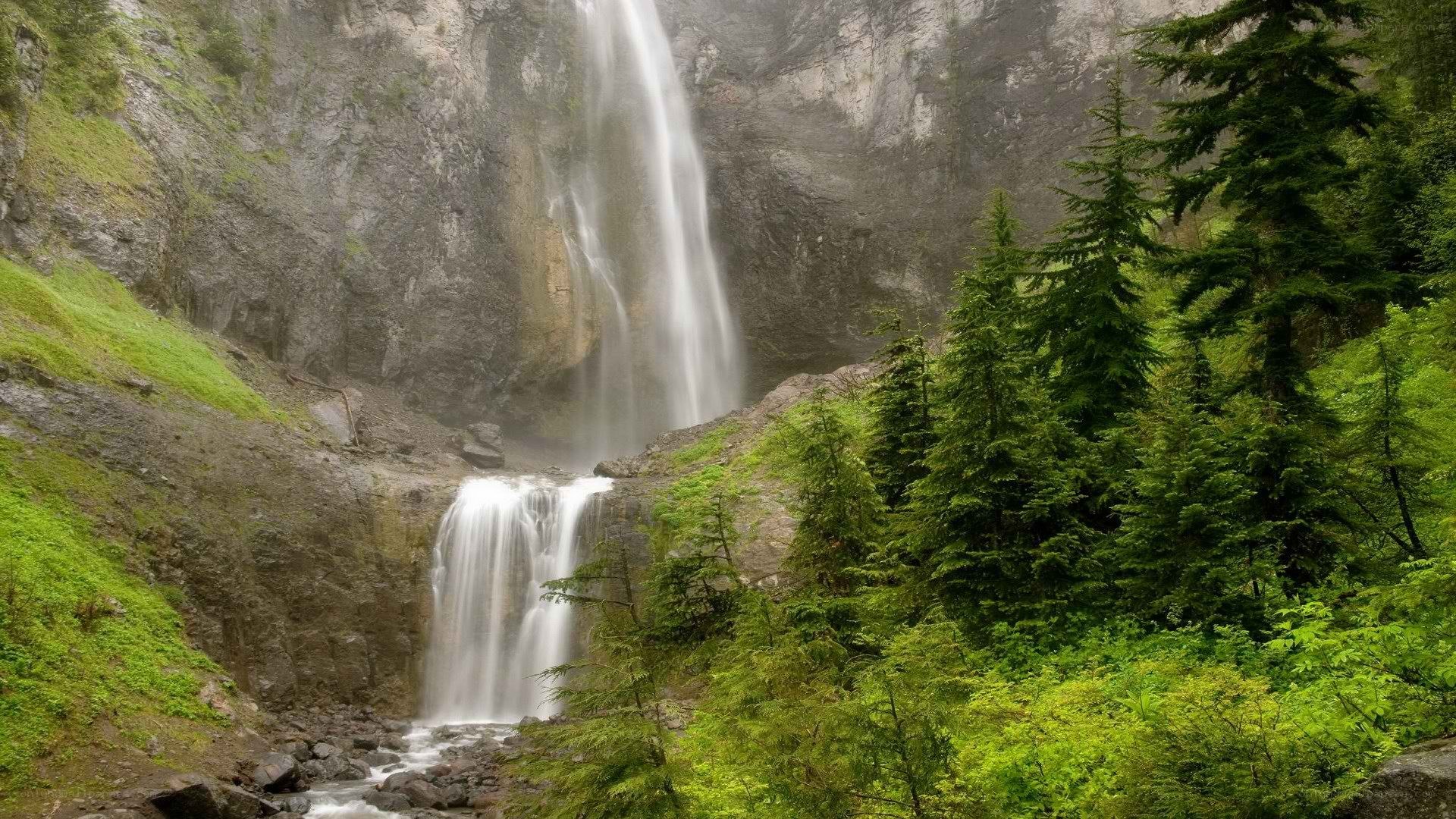Waterfall in a forested canyon