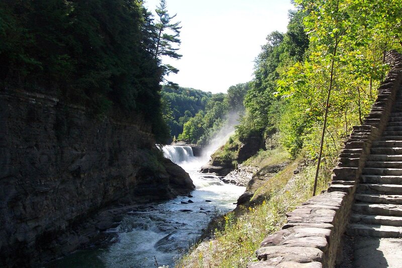 Waterfall in a forested gorge