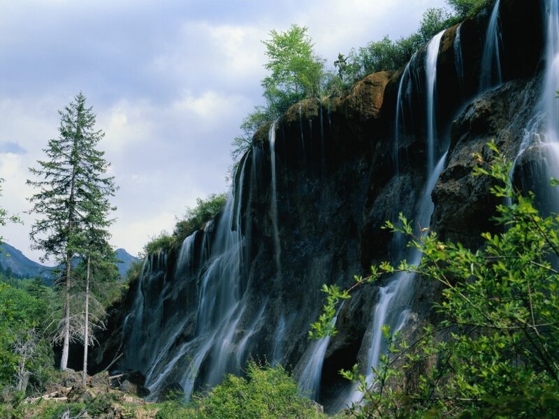 Waterfall in a forested mountain