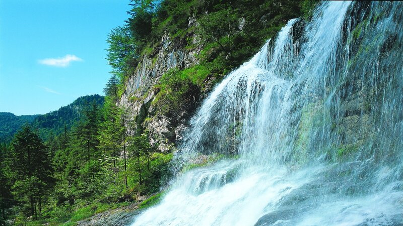 Waterfall in a forested mountain