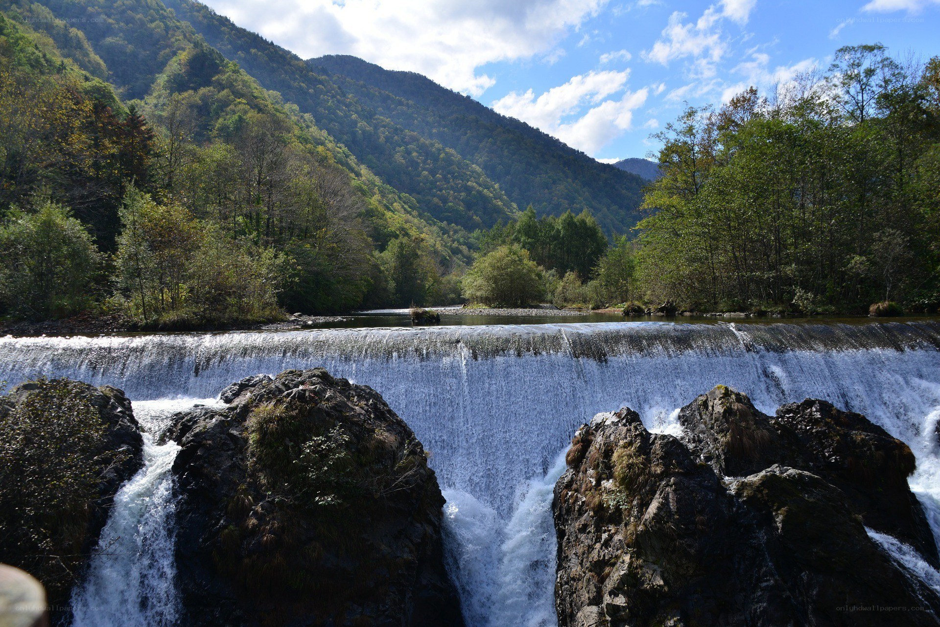 Waterfall in a forested valley