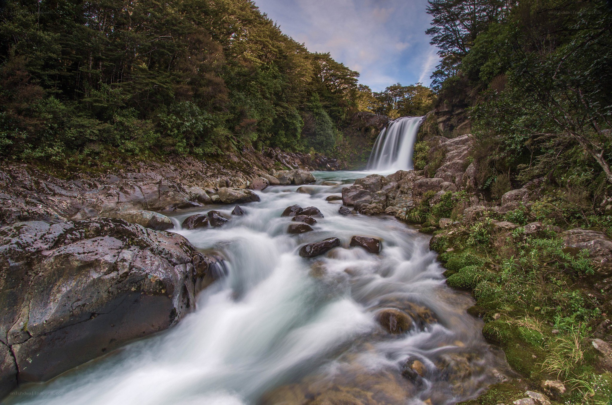 Waterfall in a forested valley