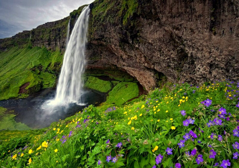 Waterfall in a green landscape