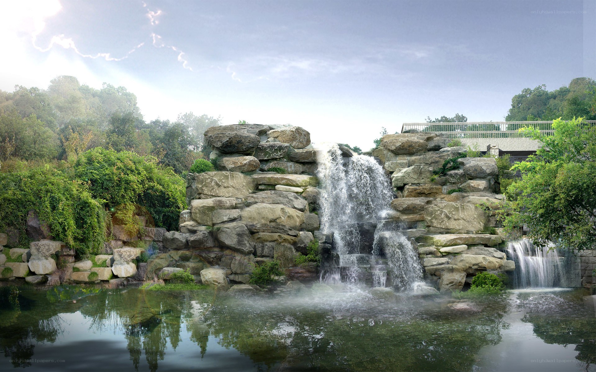 Waterfall in a landscaped garden