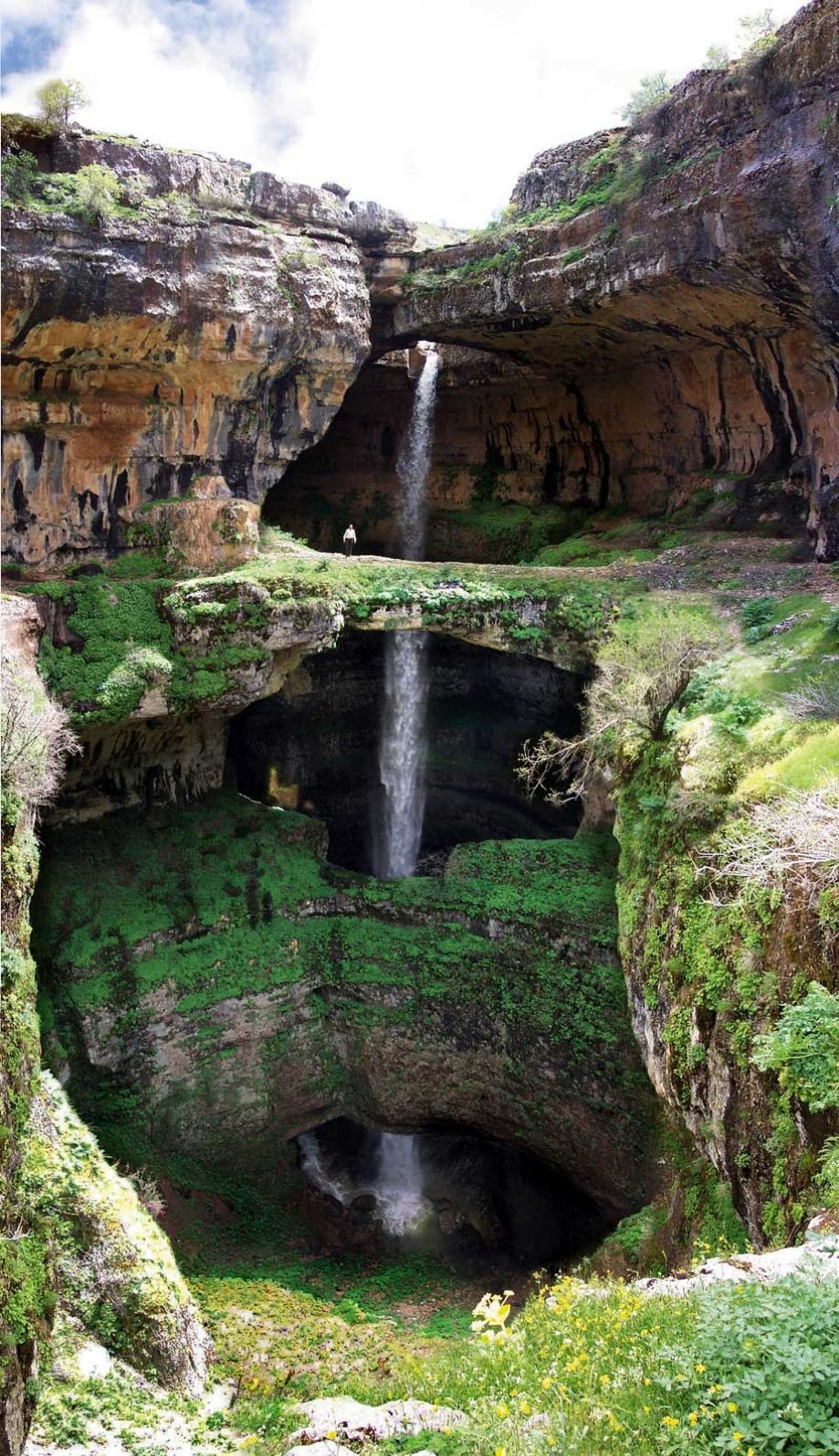 Waterfall in a layered canyon