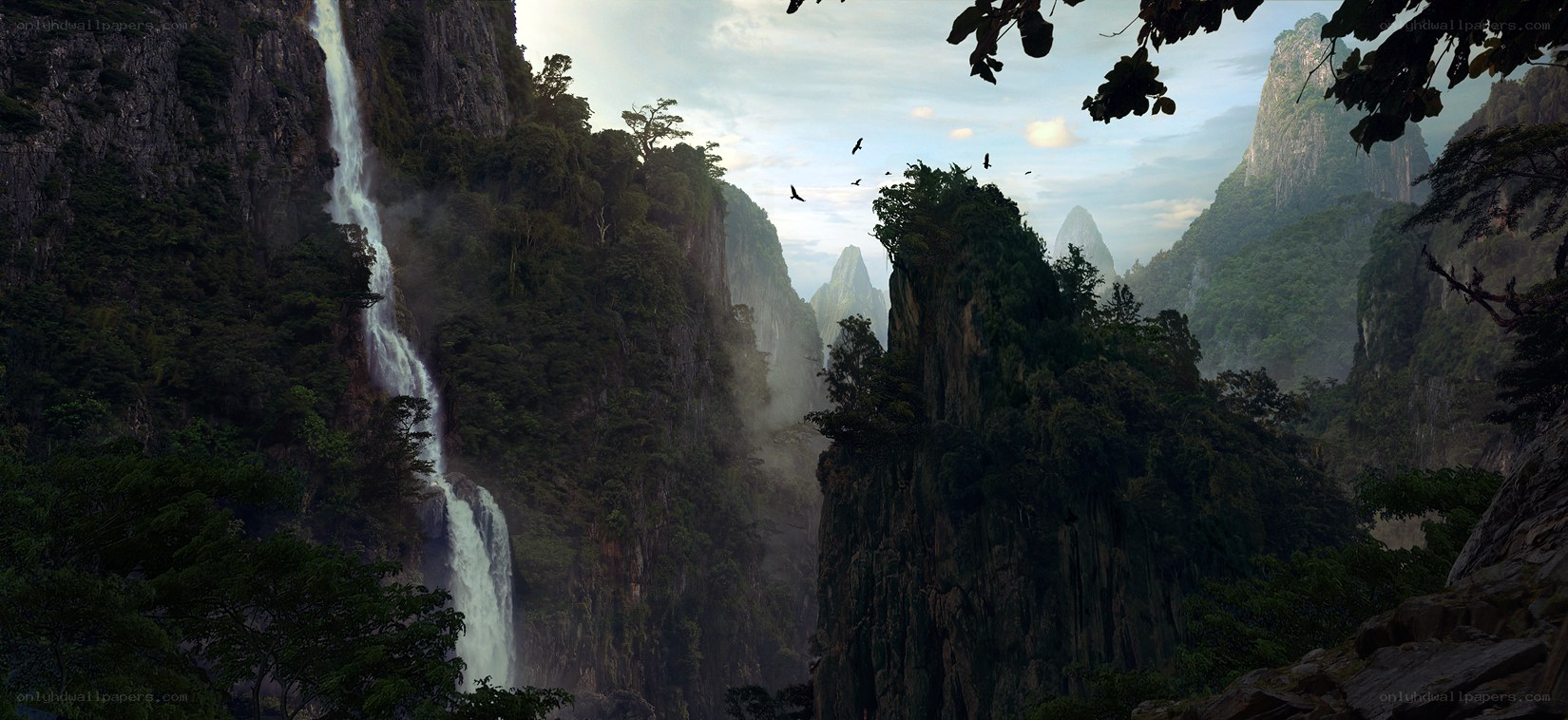 Waterfall in a lush canyon