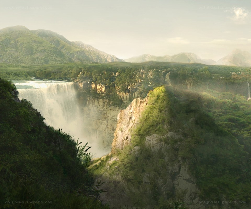Waterfall in a lush canyon