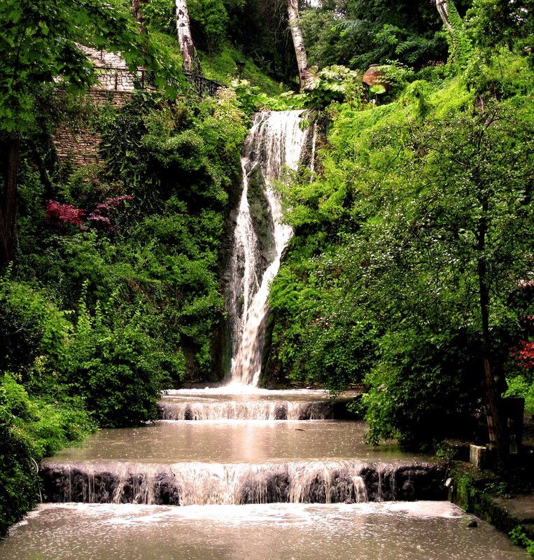Waterfall in a lush garden