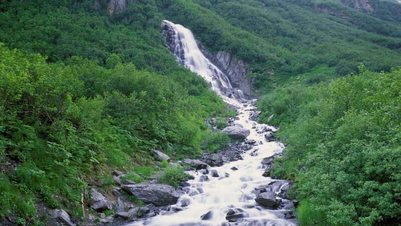Waterfall in a lush green valley