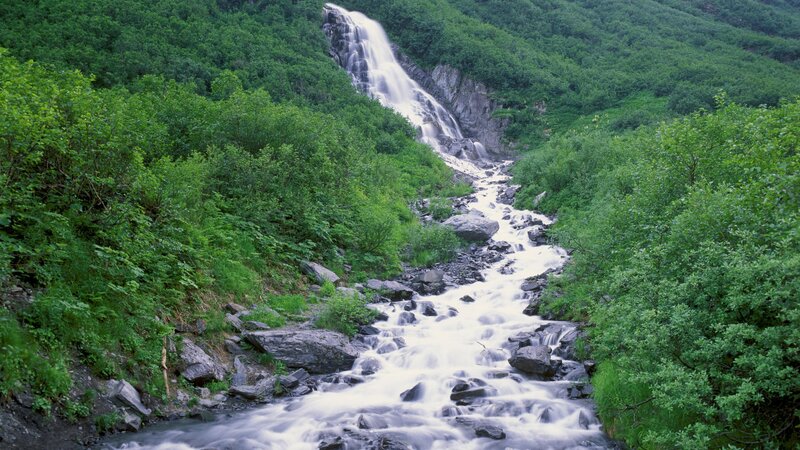 Waterfall in a lush green valley