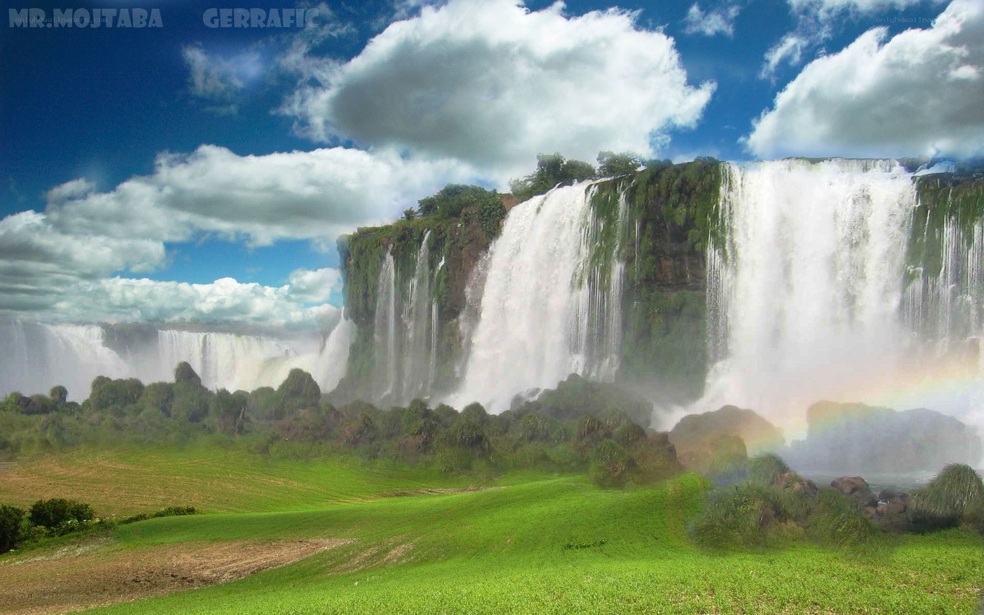 Waterfall in a lush landscape
