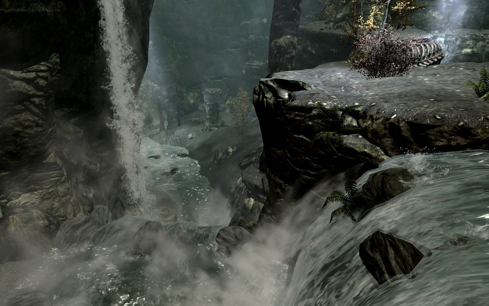 Waterfall in a misty forest