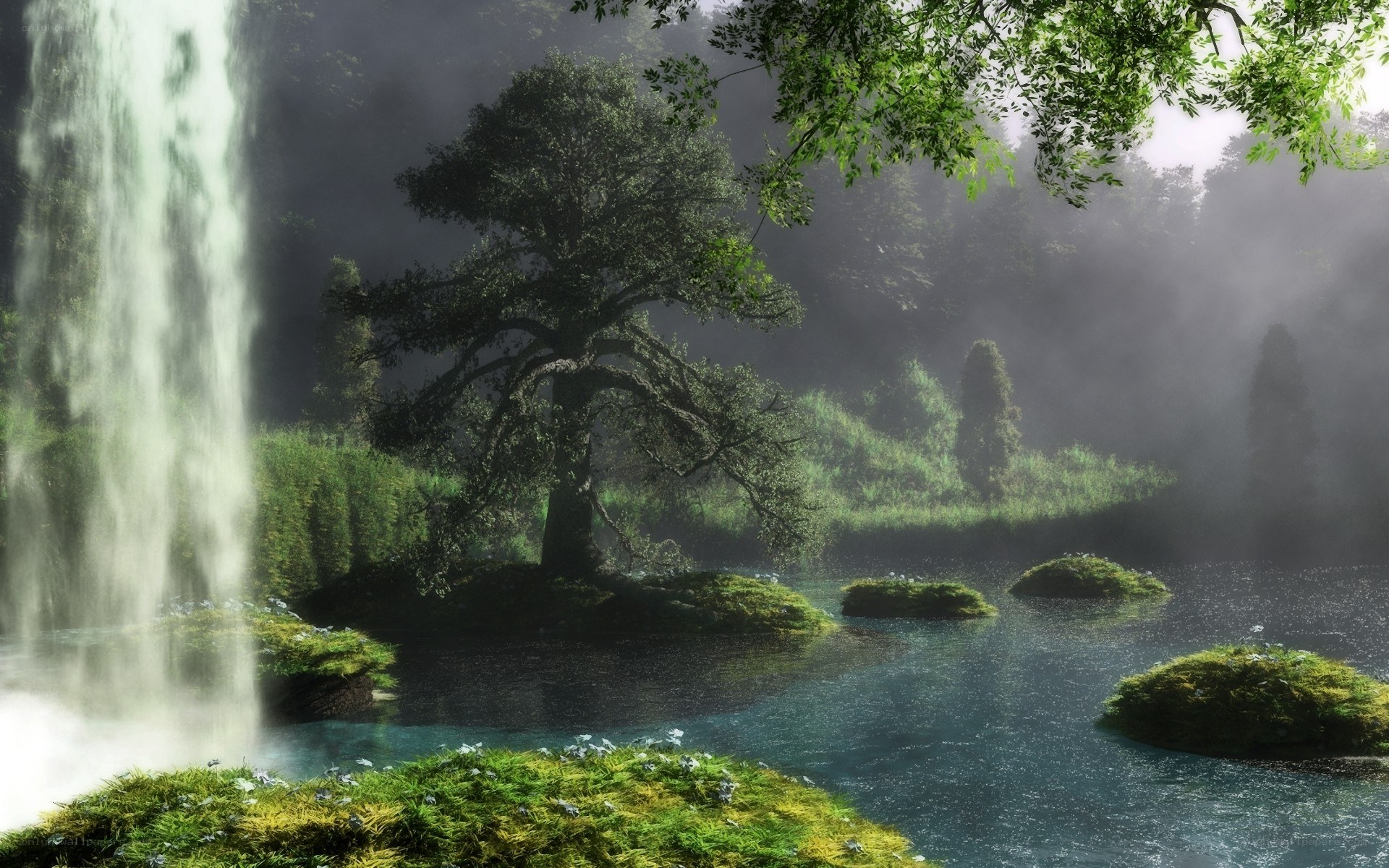 Waterfall in a misty forest