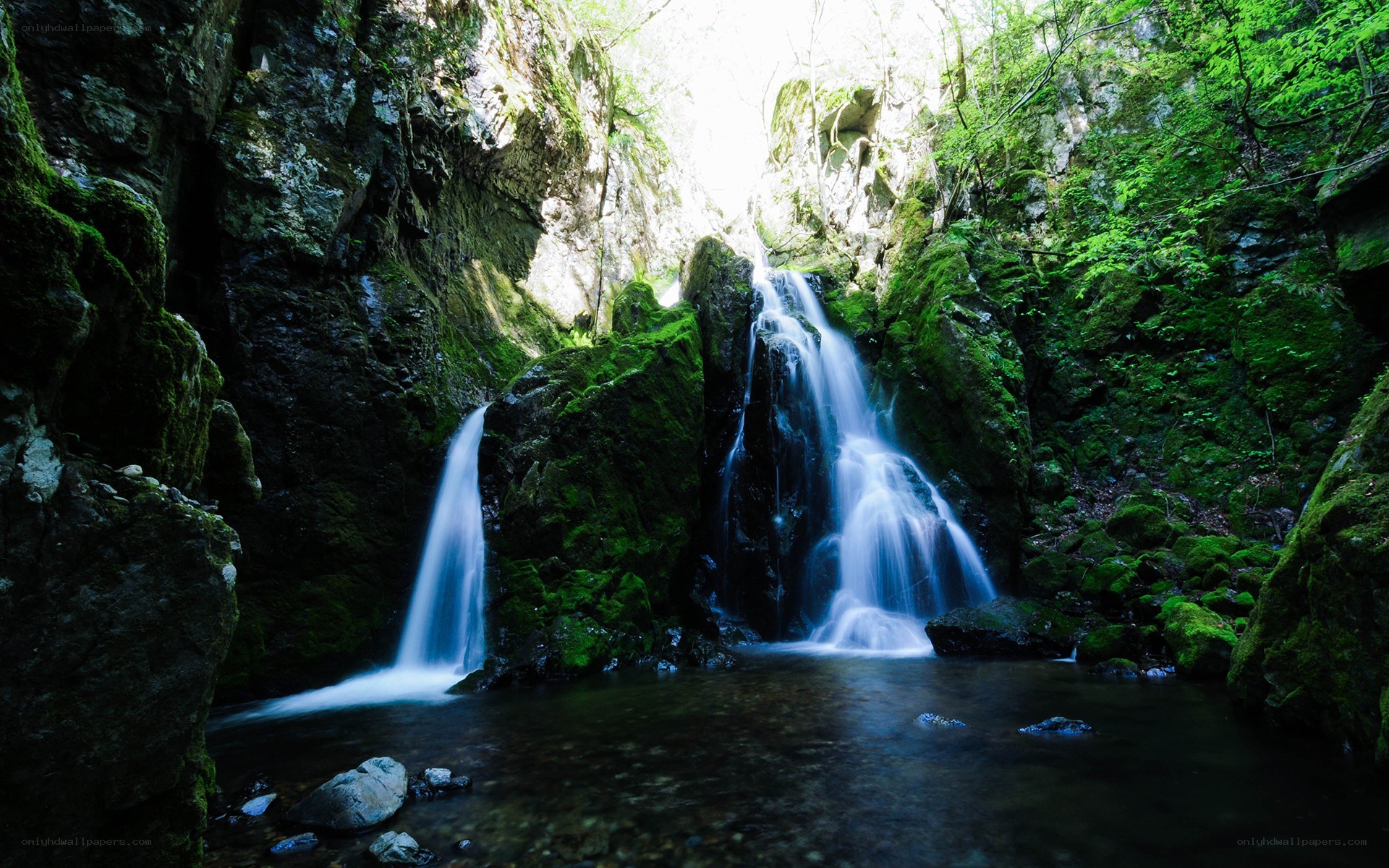 Waterfall in a mossy canyon