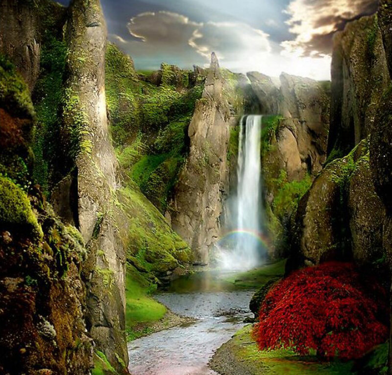 Waterfall in a mossy canyon