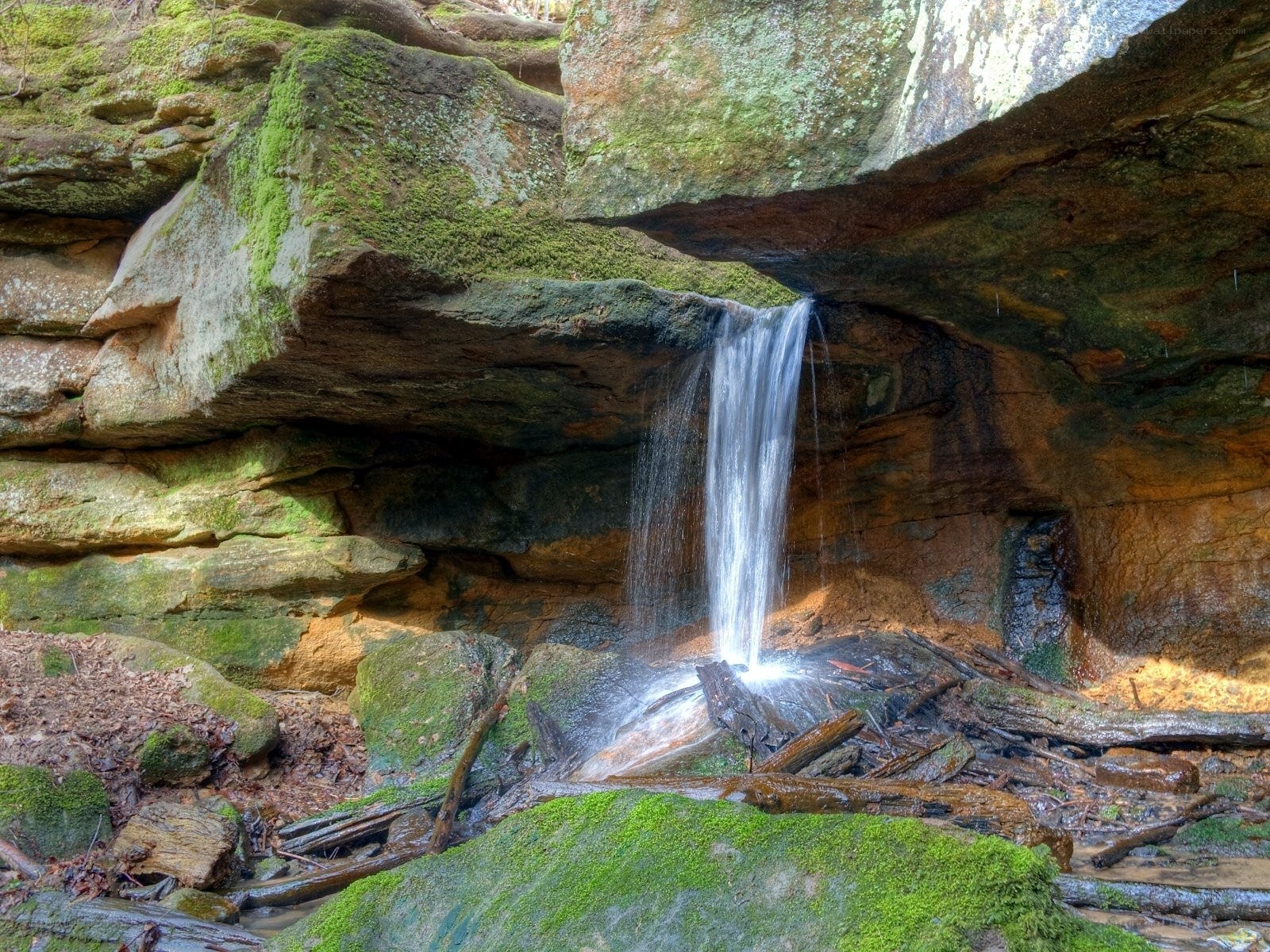 Waterfall in a mossy canyon