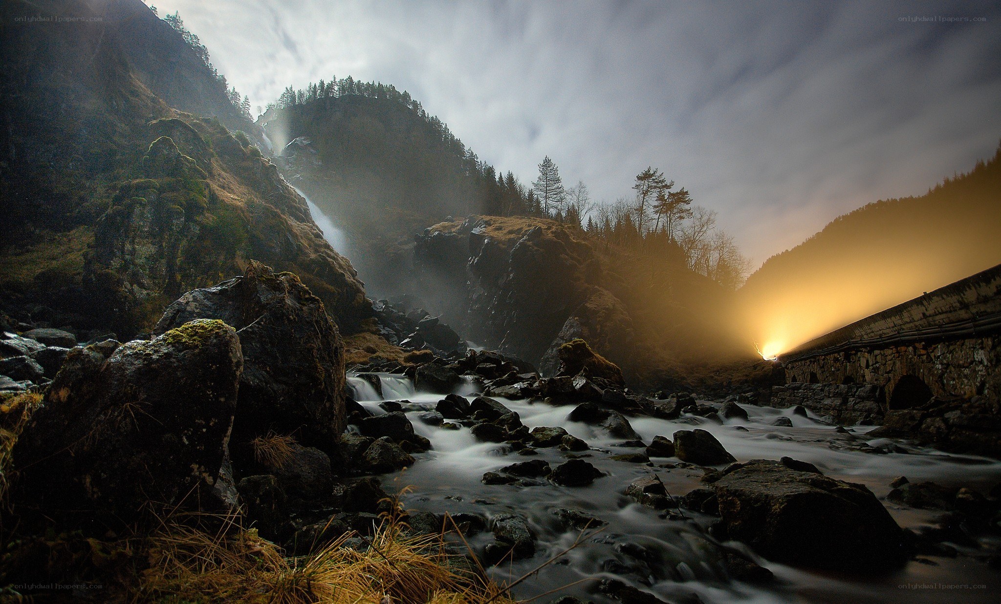 Waterfall in a mountain valley