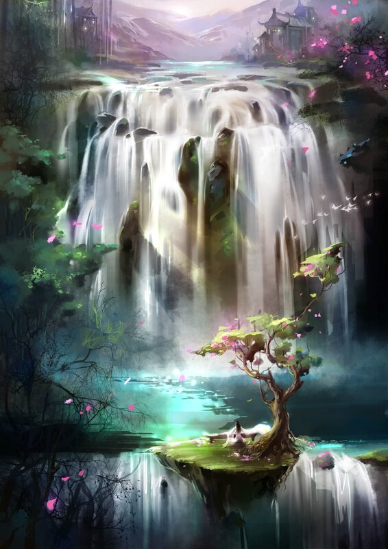 Waterfall in a mystical forest
