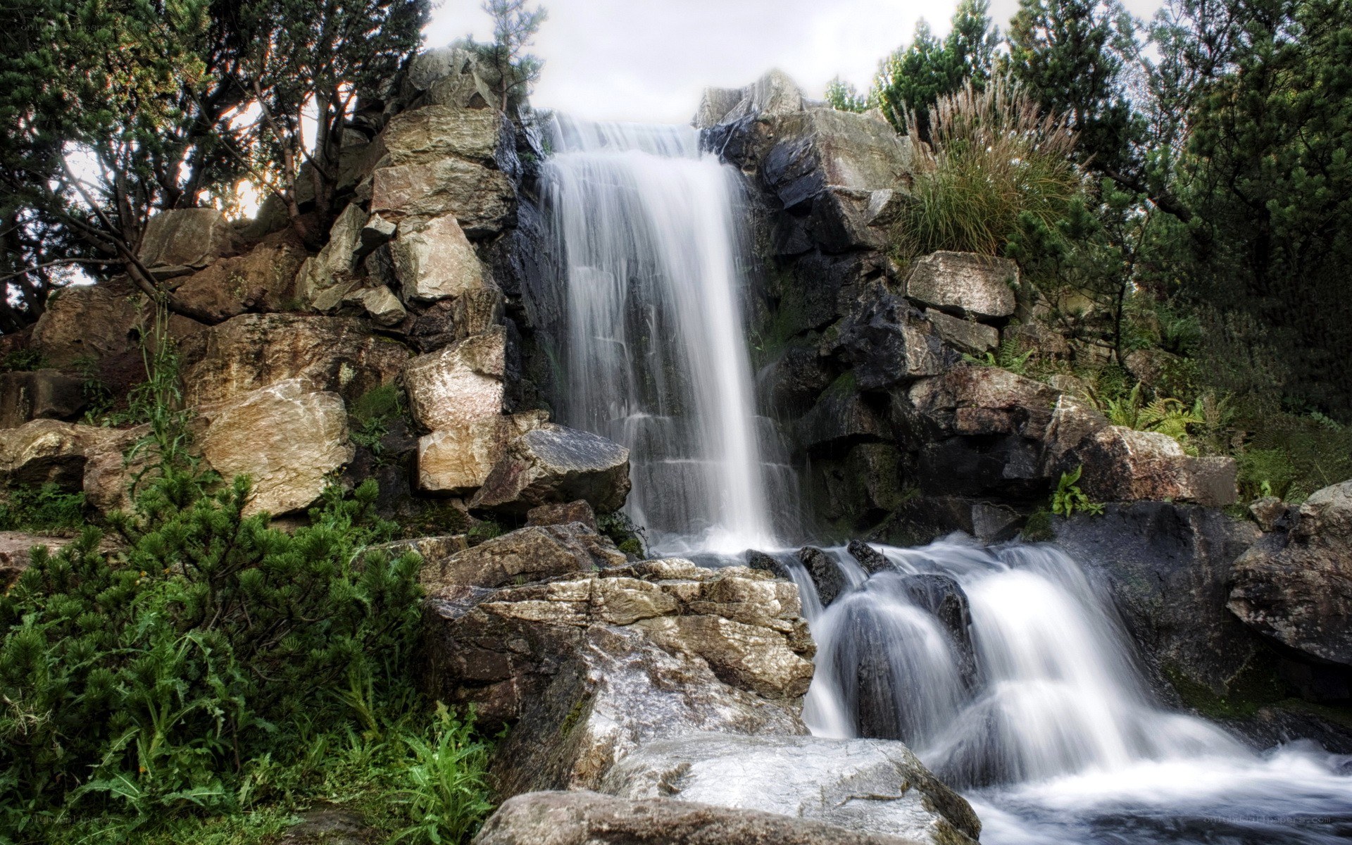 Waterfall in a rocky garden