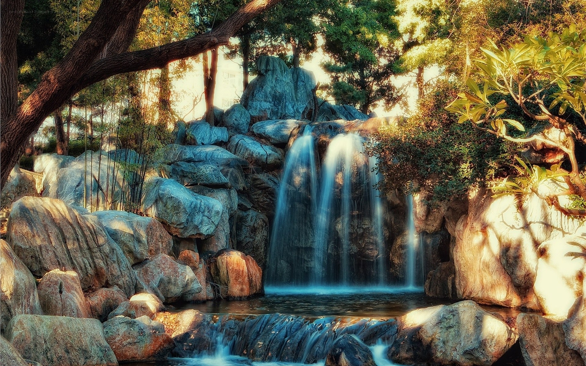 Waterfall in a serene garden
