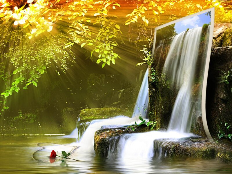 Waterfall in a sunlit forest