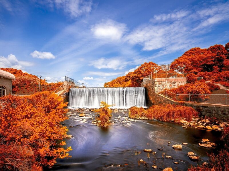 Waterfall in Autumn — Blue, Serene, Photograph, River