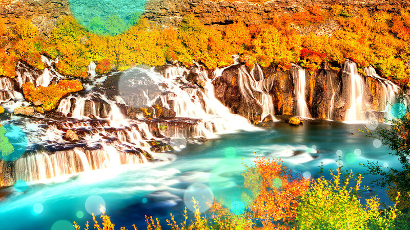 Waterfall in Autumn — Blue, Serene, Photograph