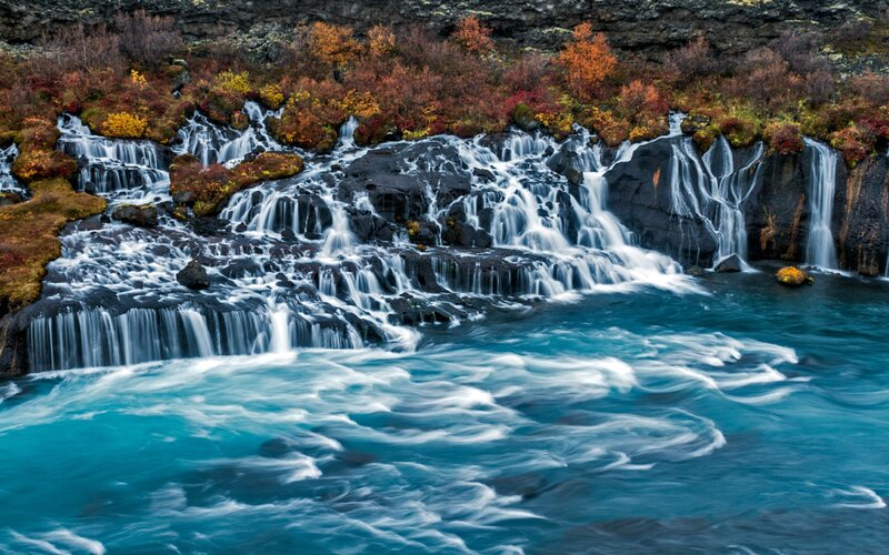 Waterfall in Autumn — Blue, Serene