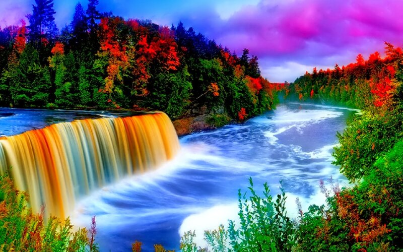 Waterfall in Autumn Forest — Blue, Dramatic, Digital Art
