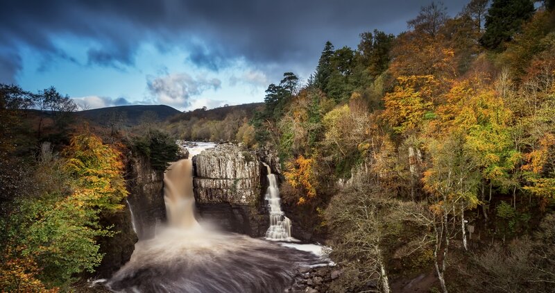 Waterfall in Autumn Forest — Blue, Dramatic, Photograph, River