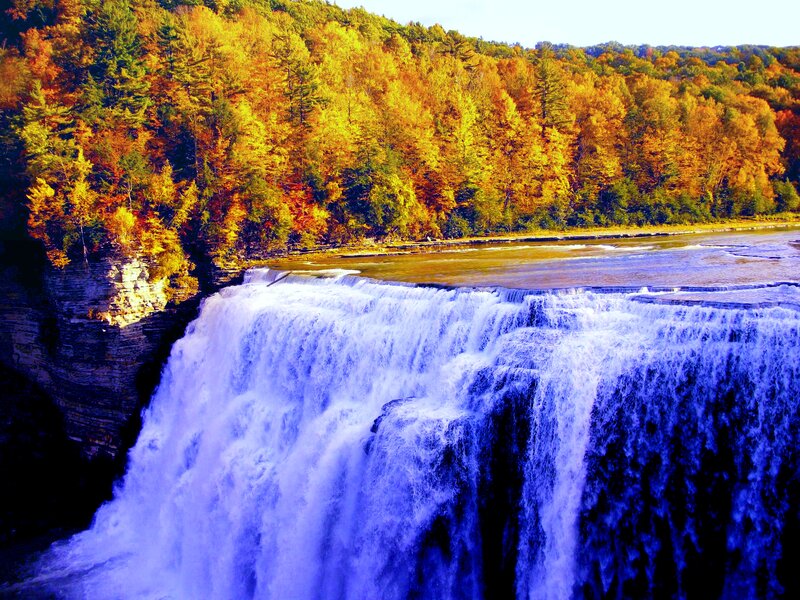 Waterfall in Autumn Forest — Blue, Dramatic, Photograph